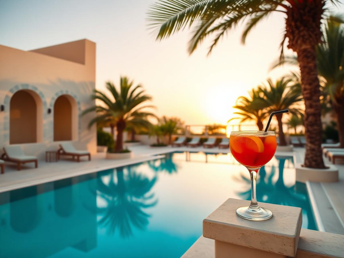 Poolside terrace with punch at sunset
