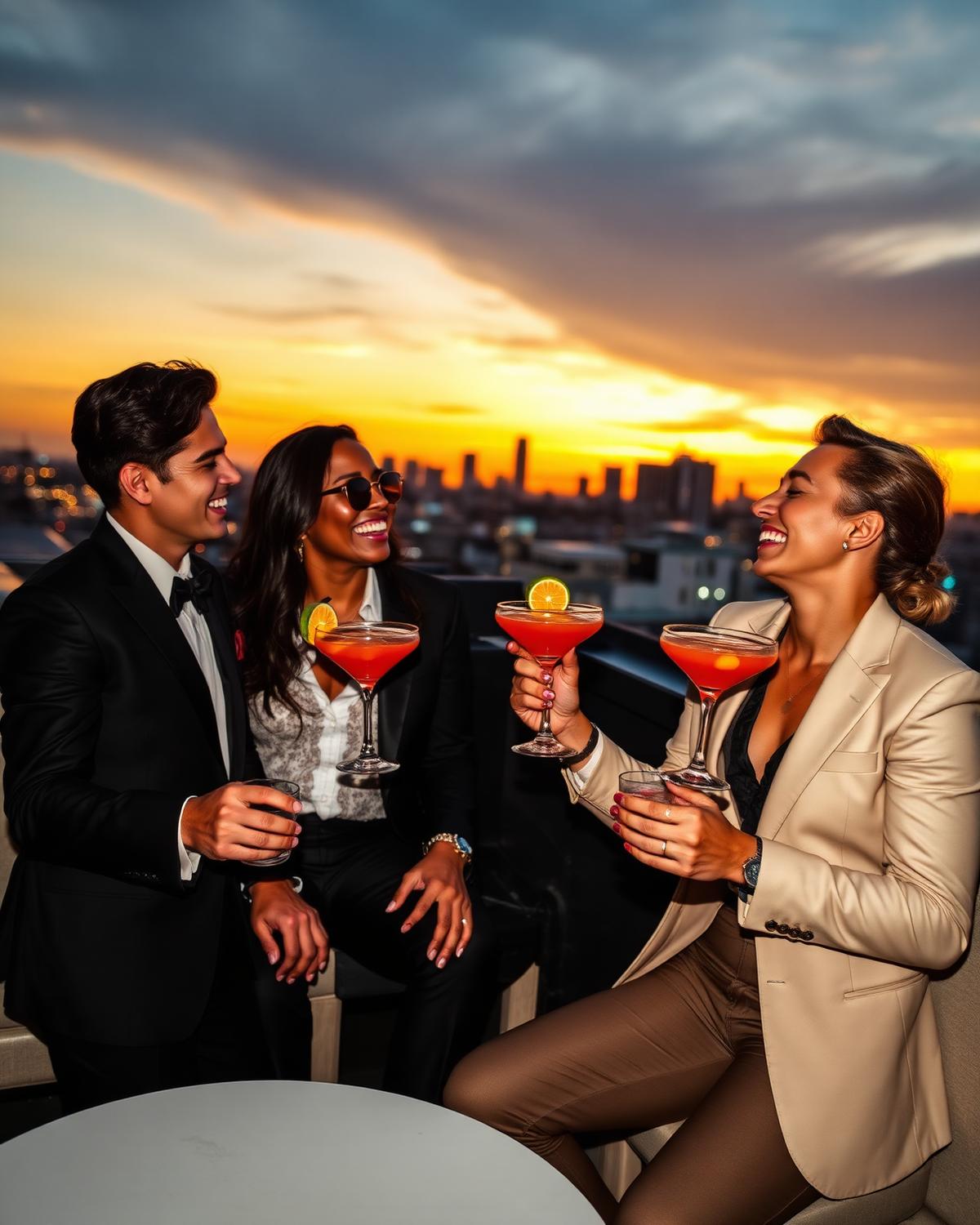 Friends toasting punch on a rooftop at sunset