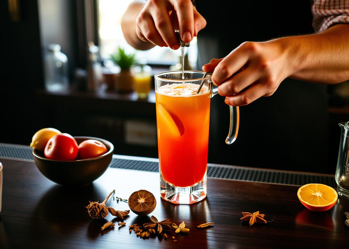 Fresh tropical punch being strained over spices at a dark bar