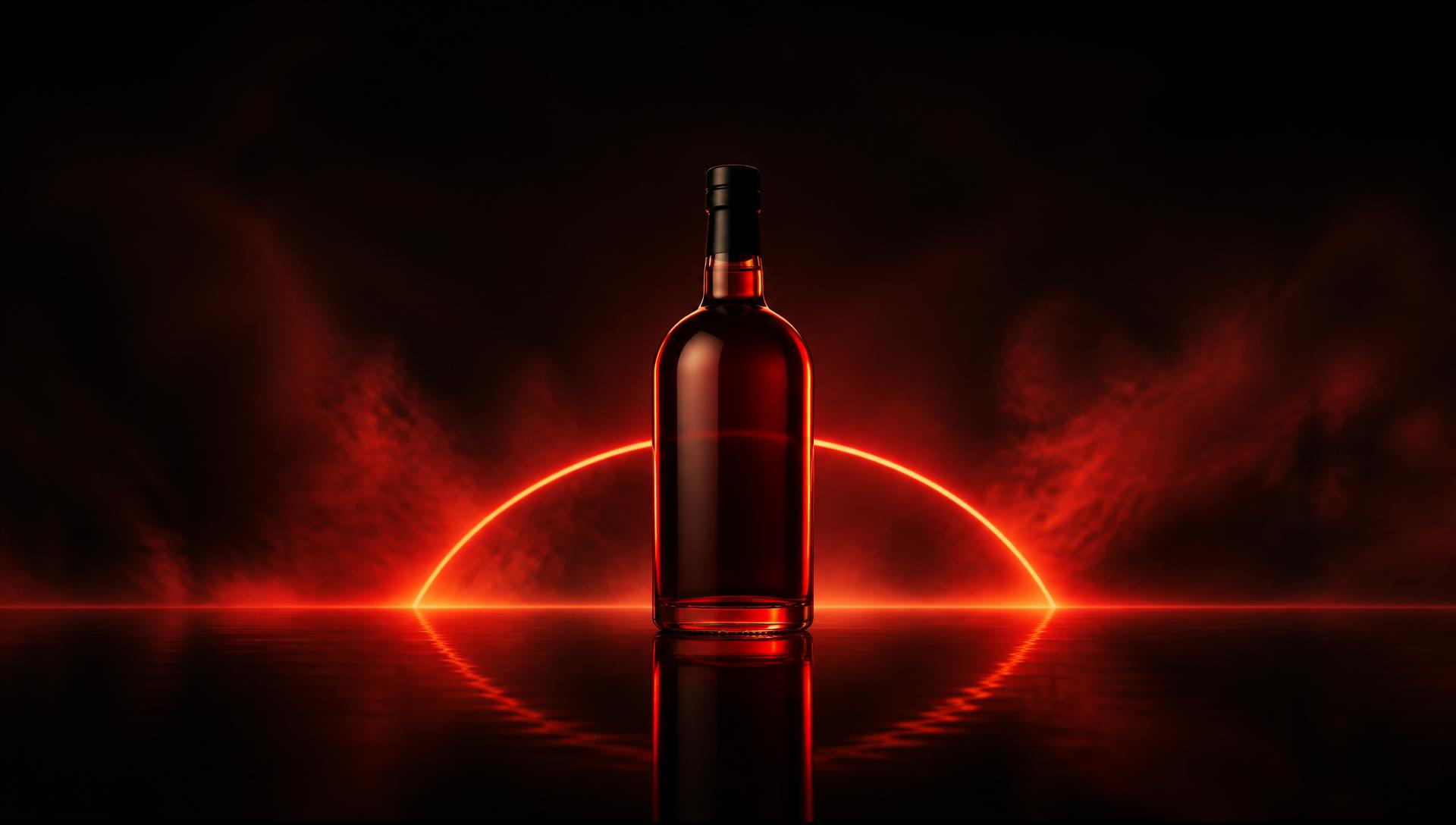 A RUMVOLT bottle lit by an arc of electric red light